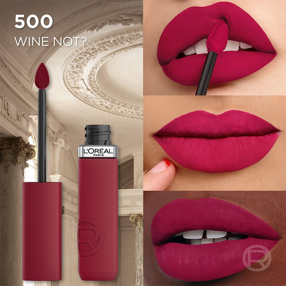 L'Oréal Paris, Infallible Le Matte Resistance, Labial Líquido Mate Larga Duración 16hr, Color Intenso con Ácido Hialurónico, Tono Wine Not? 500, 5ml