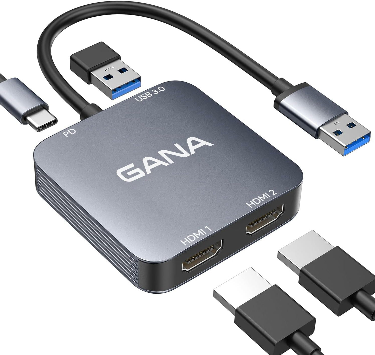 GANA - Adaptador USB 3.0 a doble HDMI con puerto USB 3.0, cable convertidor de audio y video HDMI a USB para monitor de portátil, compatible con Mac OS, Windows, actualizaciones de controladores