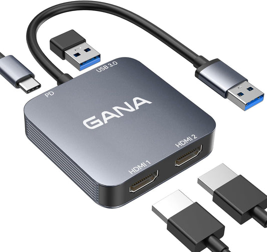 GANA - Adaptador USB 3.0 a doble HDMI con puerto USB 3.0, cable convertidor de audio y video HDMI a USB para monitor de portátil, compatible con Mac OS, Windows, actualizaciones de controladores