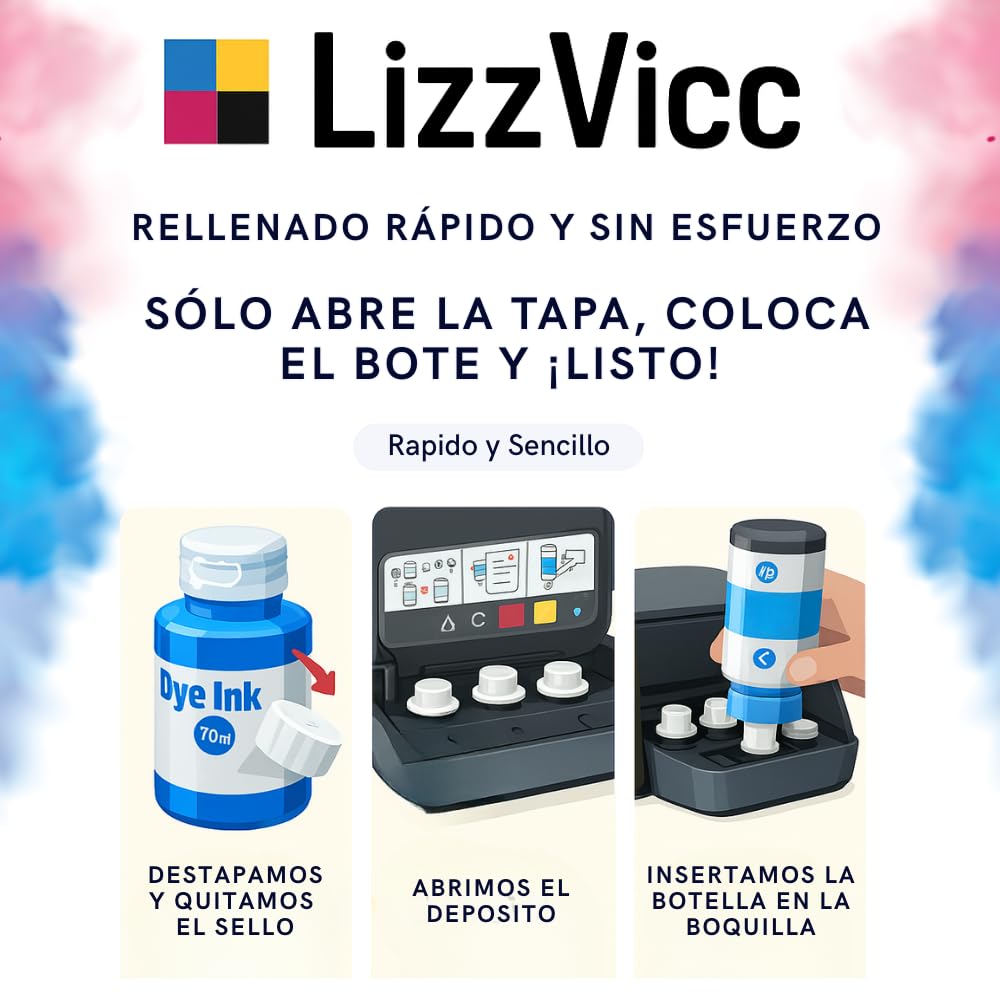 LizzVicc Pack de Tinta Genérica para HP GT53 / GT52 – 2 Botellas Negras (90 ml c/u) + 1 Cian, 1 Magenta y 1 Amarillo (70 ml c/u) – Compatible con Ink Tank 115, 315, 415 y Smart Tank 500, 515, 530, 615