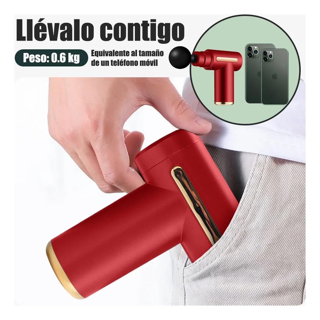 Pistola de Masaje Muscular con 4 Cabezas, Masajeador Portatil Muscular Mini Masajeador de Tejido Profundo Ajustables Massage Gun, Masaje Profesional Para Musculos, Ligamentos y Tejidos, Carga USB(Rojo)
