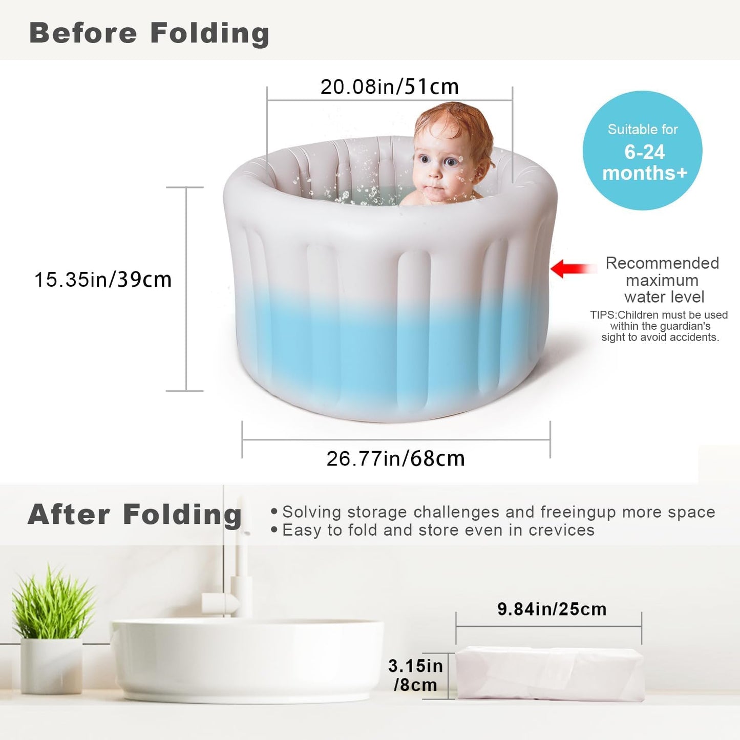 Hantaiwan Asiento inflable de baño para bebé para sentarse XL, bañera suave inflable para 24-36 meses, anticolisión con detección de temperatura, soporte de baño portátil para niños pequeños para el
