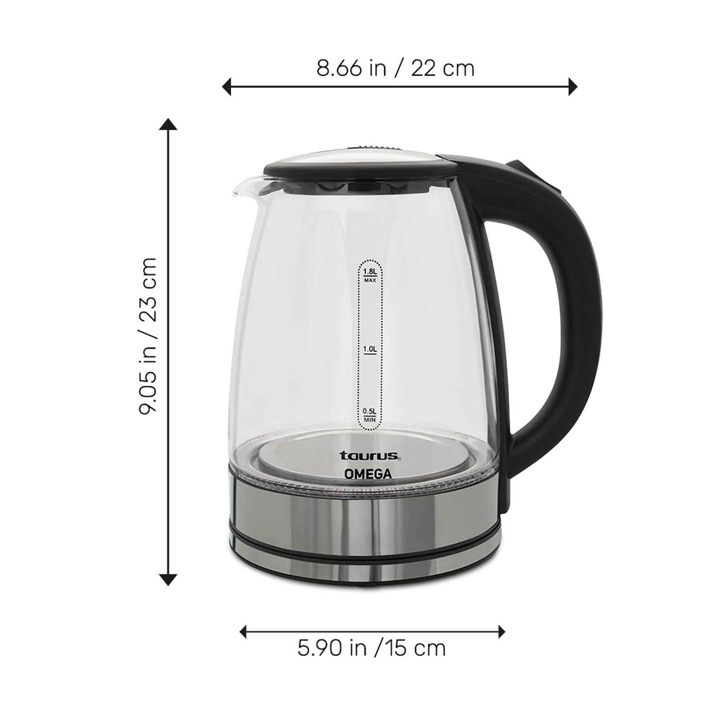 Tetera Eléctrica Taurus Omega Cristal Luz led Jarra Inalámbrica 1,8 Litros Base Removible