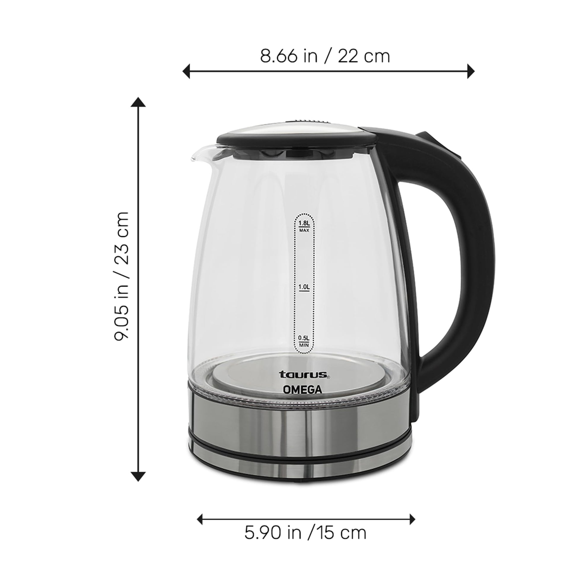 Tetera Eléctrica Taurus Omega Cristal Luz led Jarra Inalámbrica 1,8 Litros Base Removible