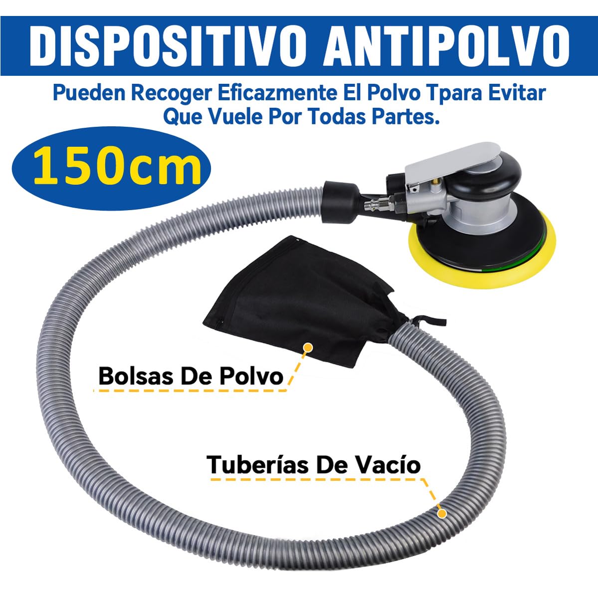 Lijadora Orbital Neumática 6'' Pulgadas, Lijadora Orbital Industrial Aleatoria Palma de Aire 12000 RPM con 6 Papeles de Lija Para Pulidor de Madera de Metal y Trabajo de Carrocería de Auto