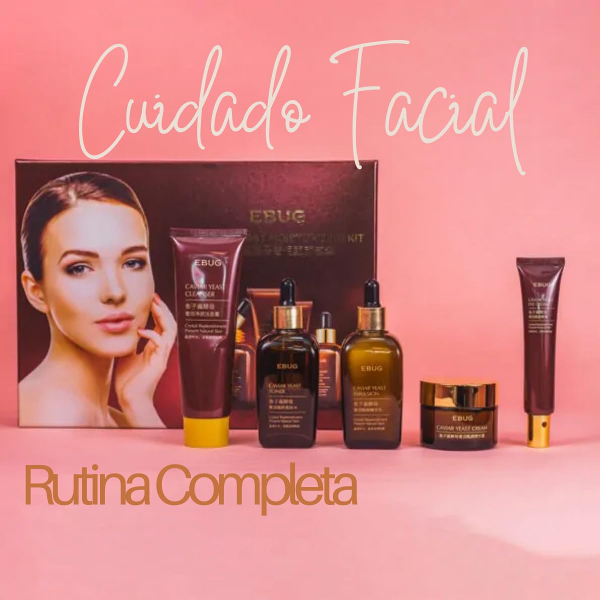 UNIVERSOENLÍNEA.COM Set 5 Piezas Cuidado Facial Caviar Yeast Moisturizing Kit Rutina Facial Coreana Completa Piel Reseca Extracto Caviar Acido Hialuronico Anti Arrugas Lineas de Expresion
