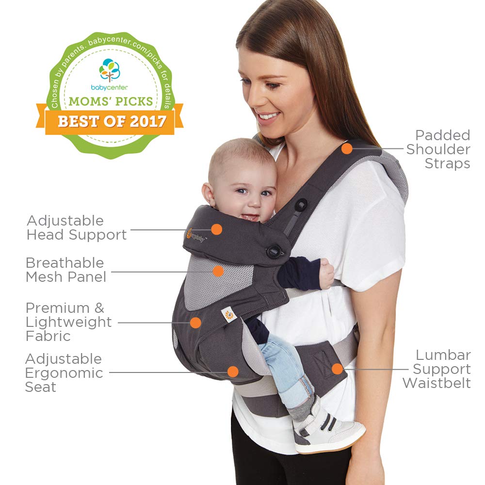 Portabebés Ergobaby, 360 posiciones de transporte con malla de aire frío, Gris carbón, Una talla