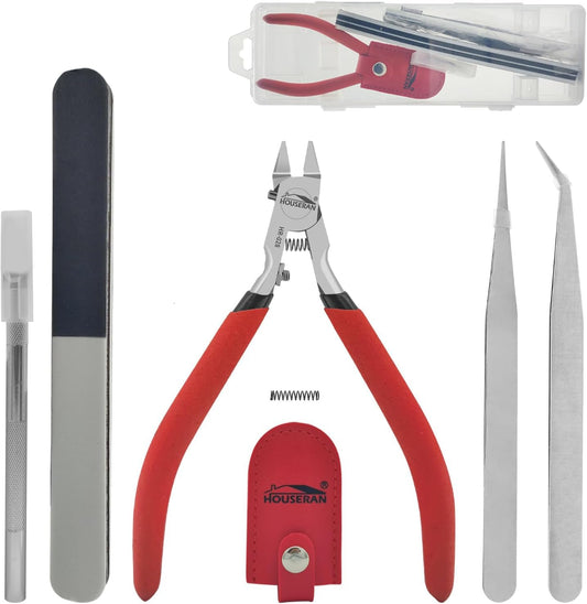 HOUSERAN Juego de Pinzas de Precisión 4.52" para Modelismo – Kit de Herramientas para Modelos de Plástico, Gundam y Miniaturas, 9 Piezas