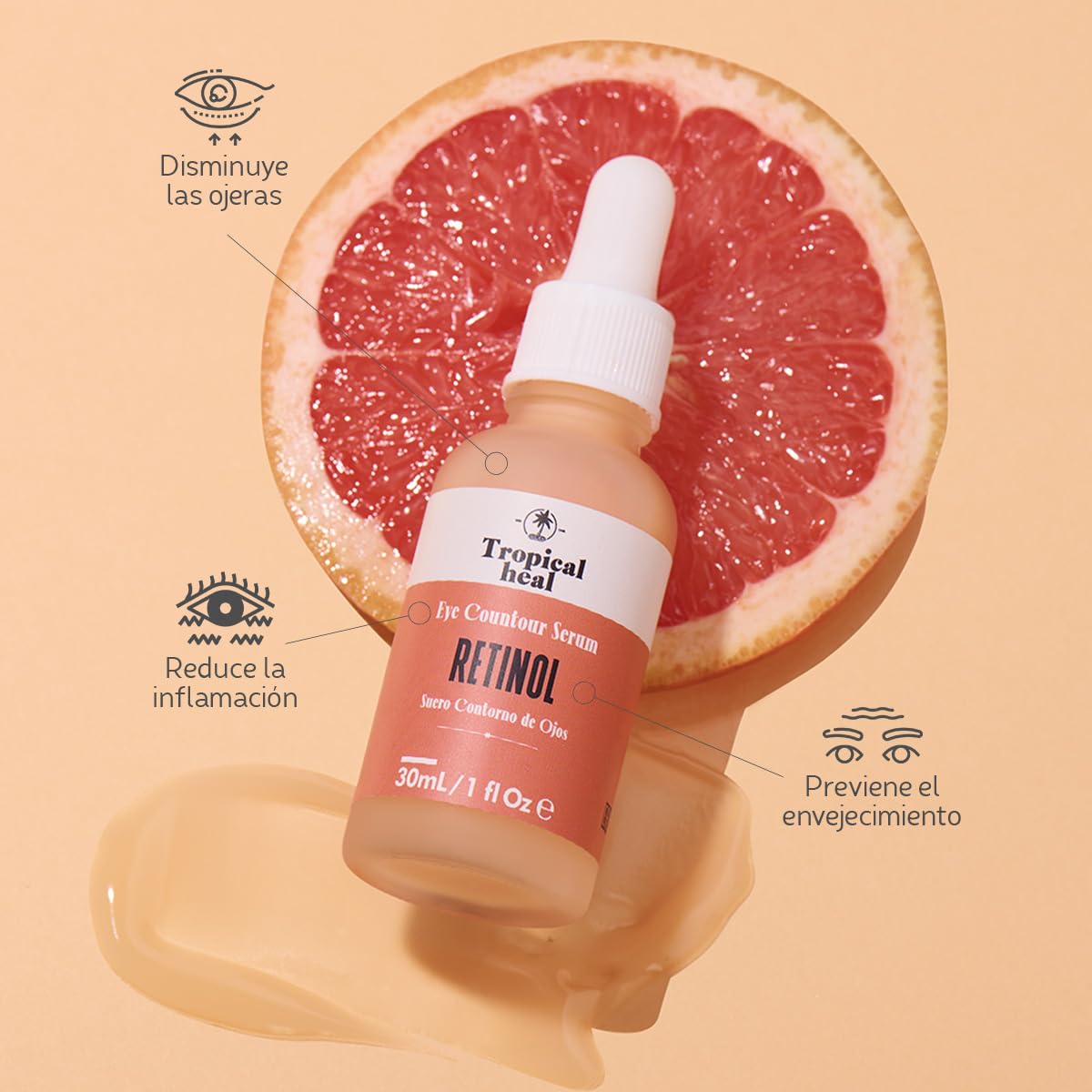 Tropical Heal - Suero Facial Retinolift con 1% Retinol y Ácido Hialurónico - Serum Nocturno Antiedad para Contorno de Ojos y Reducción de Arrugas - 30 ml