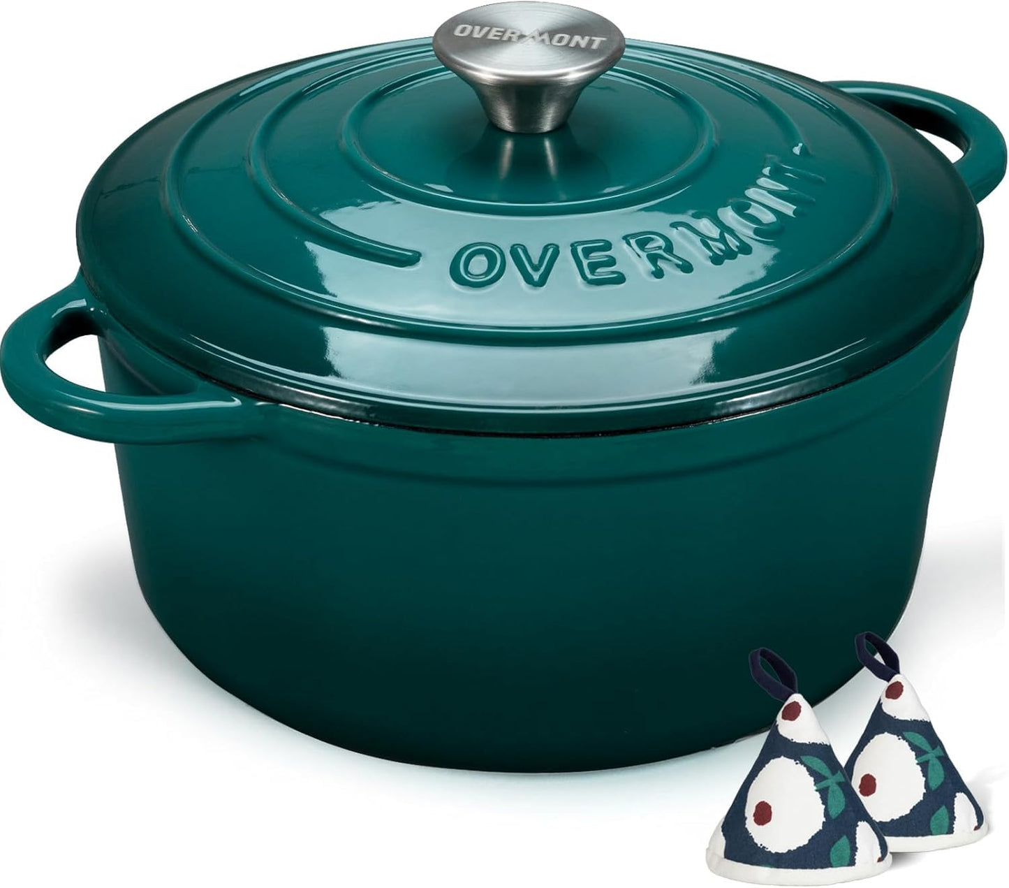 Overmont - Horno holandés de hierro fundido esmaltado, utensilios de cocina de 5,5 cuartos con tapa de algodón resistente al calor, olla esmaltada resistente con tapa para estofados, asar pan y