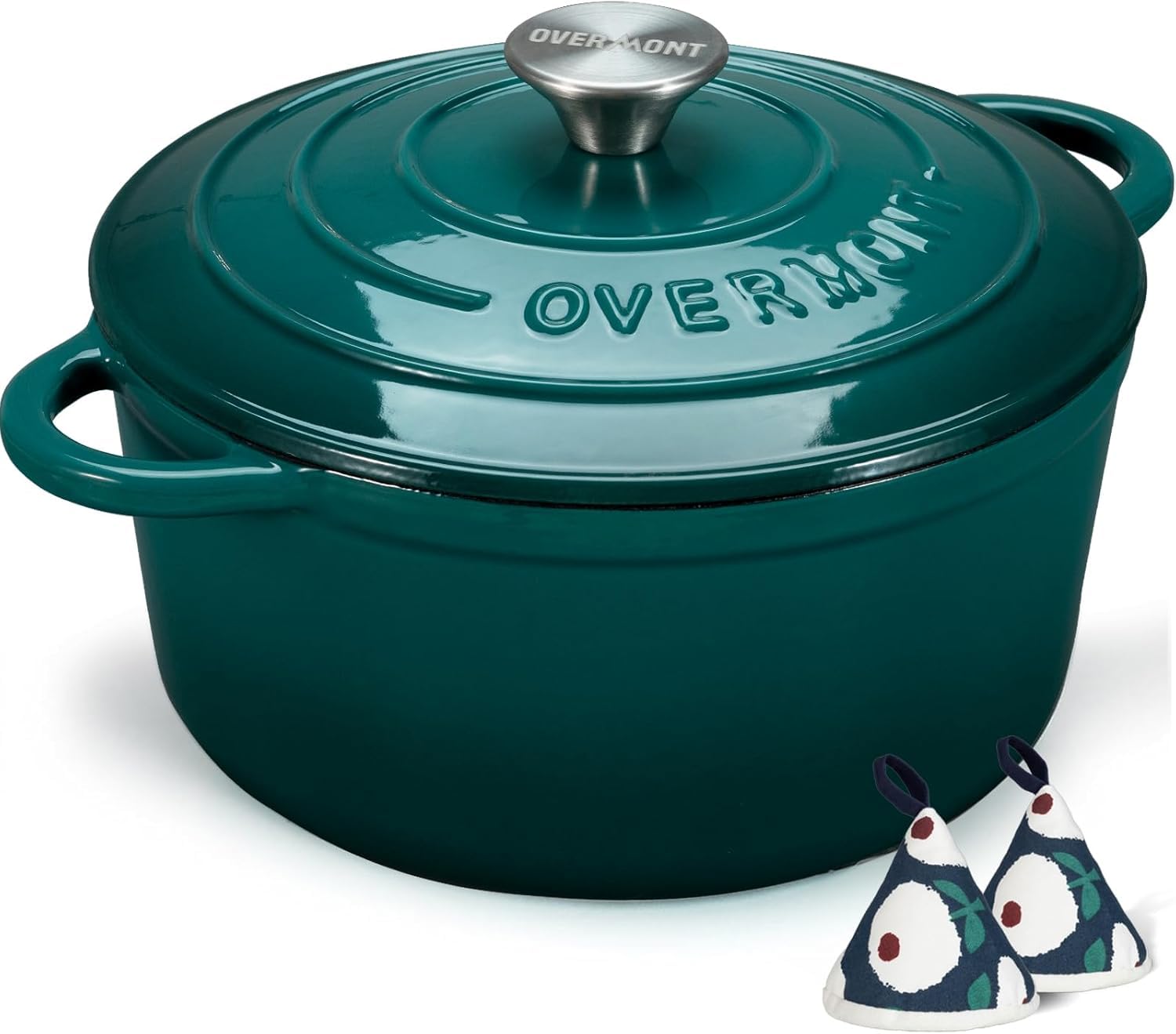 Overmont - Horno holandés de hierro fundido esmaltado, utensilios de cocina de 5,5 cuartos con tapa de algodón resistente al calor, olla esmaltada resistente con tapa para estofados, asar pan y