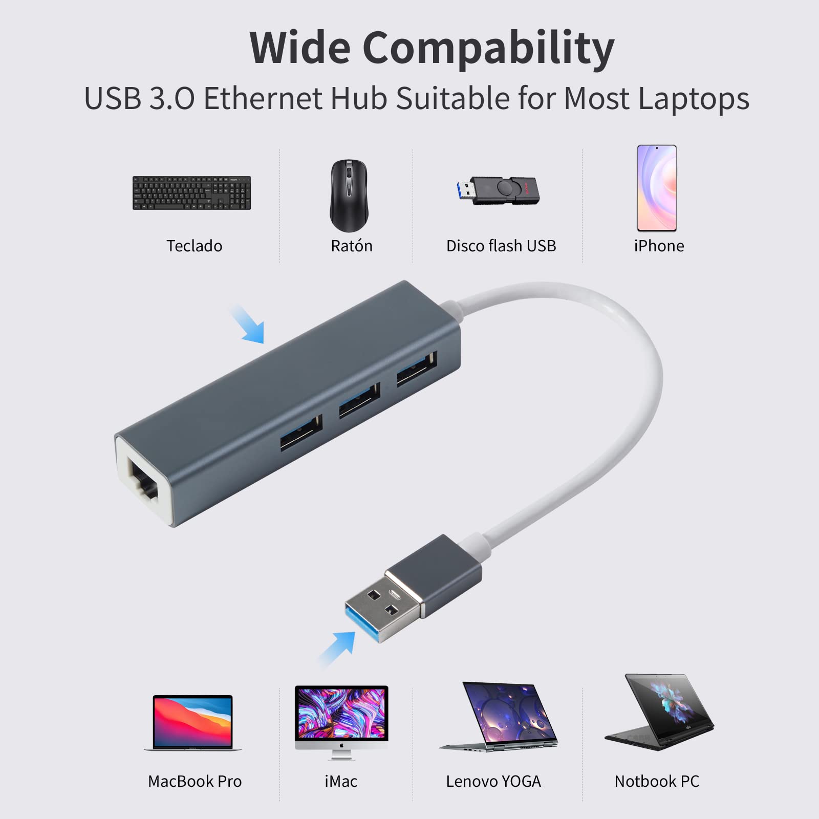 HEEDU Adaptador Ethernet USB 3.0, Adaptador Ethernet USB Hub 4 en 1 con Puerto LAN de Red Gigabit RJ45 10/100Mbps, Compatible con MacBook, Surface Pro, Windows,XP, Vista, Androidd etc
