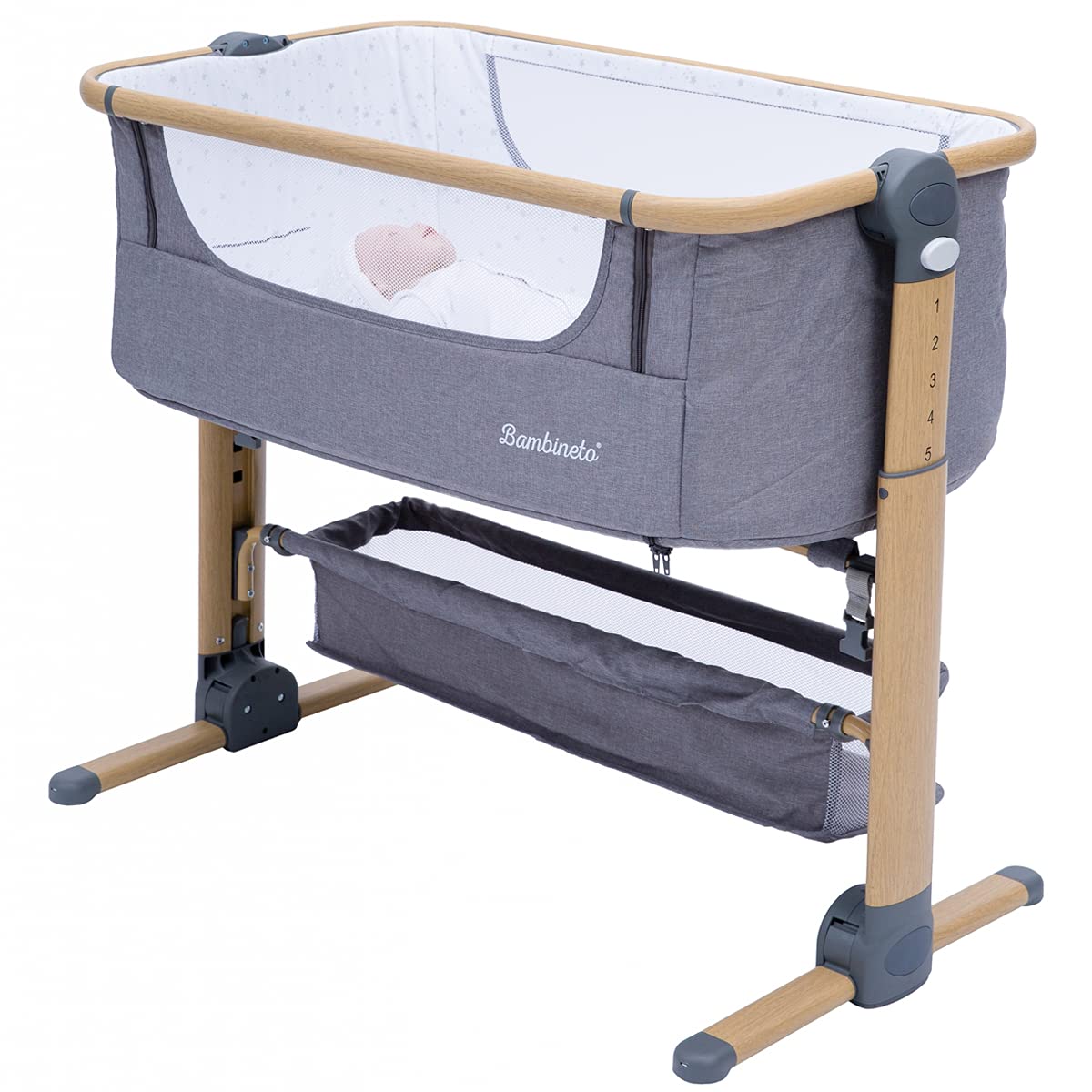BAMBINETO Cuna Colecho Moisés para bebé Rame, mosquitero, colchón, Plegable, Maleta de Viaje. Gris