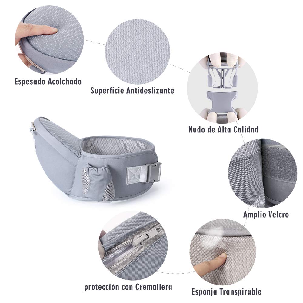 Portabebé EMAGIE Gris Ergonómico Ajustable y Respirable para Bebés y Niños 0-36 Meses