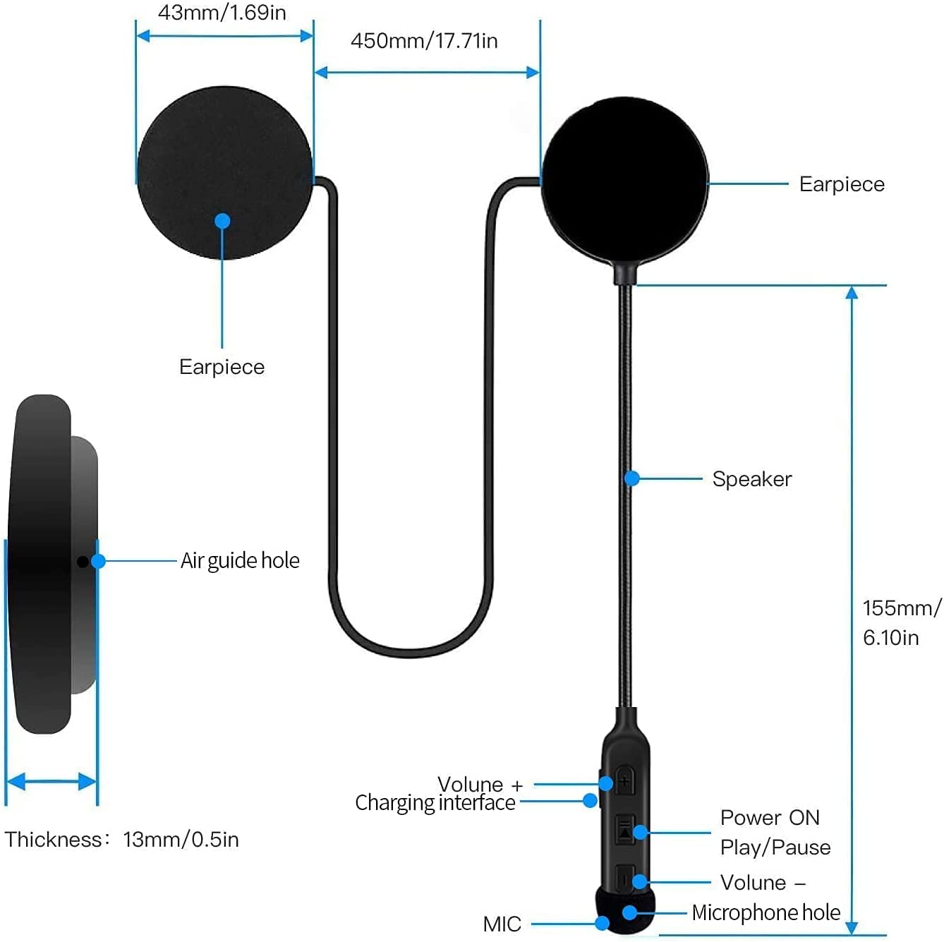 JZAQ - Casco de motocicleta con Bluetooth, auriculares para exteriores, auriculares deportivos impermeables, altavoces manos libres, control de llamadas de música, respuesta automática, 60 horas de
