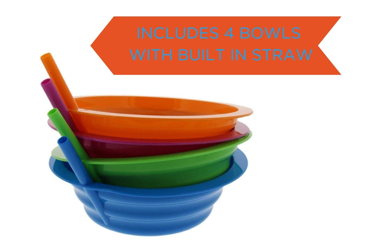 Arrow Sip-A-Bowl Set de 4 unidades, pajita integrada – 22 onzas reutilizables para evitar derrames líquidos: leche de cereales, helado – hace que el desayuno/aperitivo sea fácil, apto para lavaplatos, azul, rosa, verde y naranja