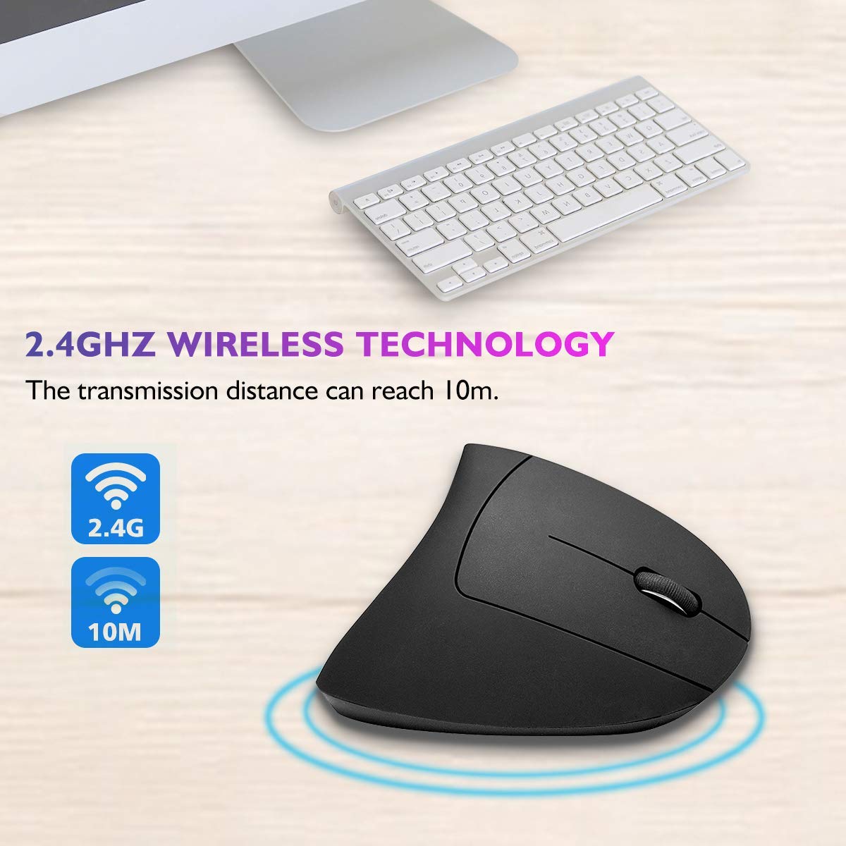 Charlemain Ratón Vertical Inalámbrico Ergonómico Recargable USB Ratón, 2.4 G ratón óptico para PC/portátil/Mac 800/1200/1600 dpi 6 Partes de Control-Negro