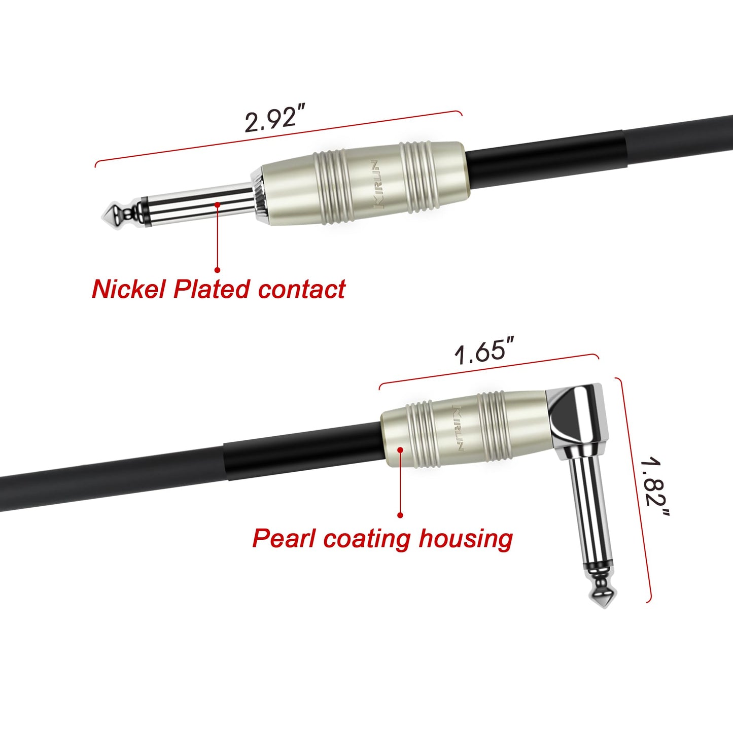 Kirlin Cable IP-202PR-20/BK - 20 pies - Cable de instrumento de enchufe recto a ángulo recto de 1/4 pulgadas, cubierta de PVC negro
