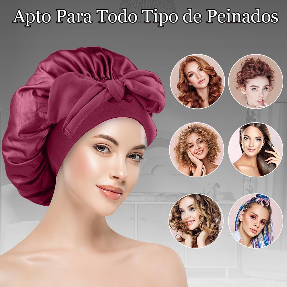 Gorro de Seda para Dormir, Para El Cabello Largo Bonnet Ajustable para Mujer，capó ajustable de satén，Capos grandes de seda satinada para dormir con correa de corbata, Adecuado para Dormir, Bañarse
