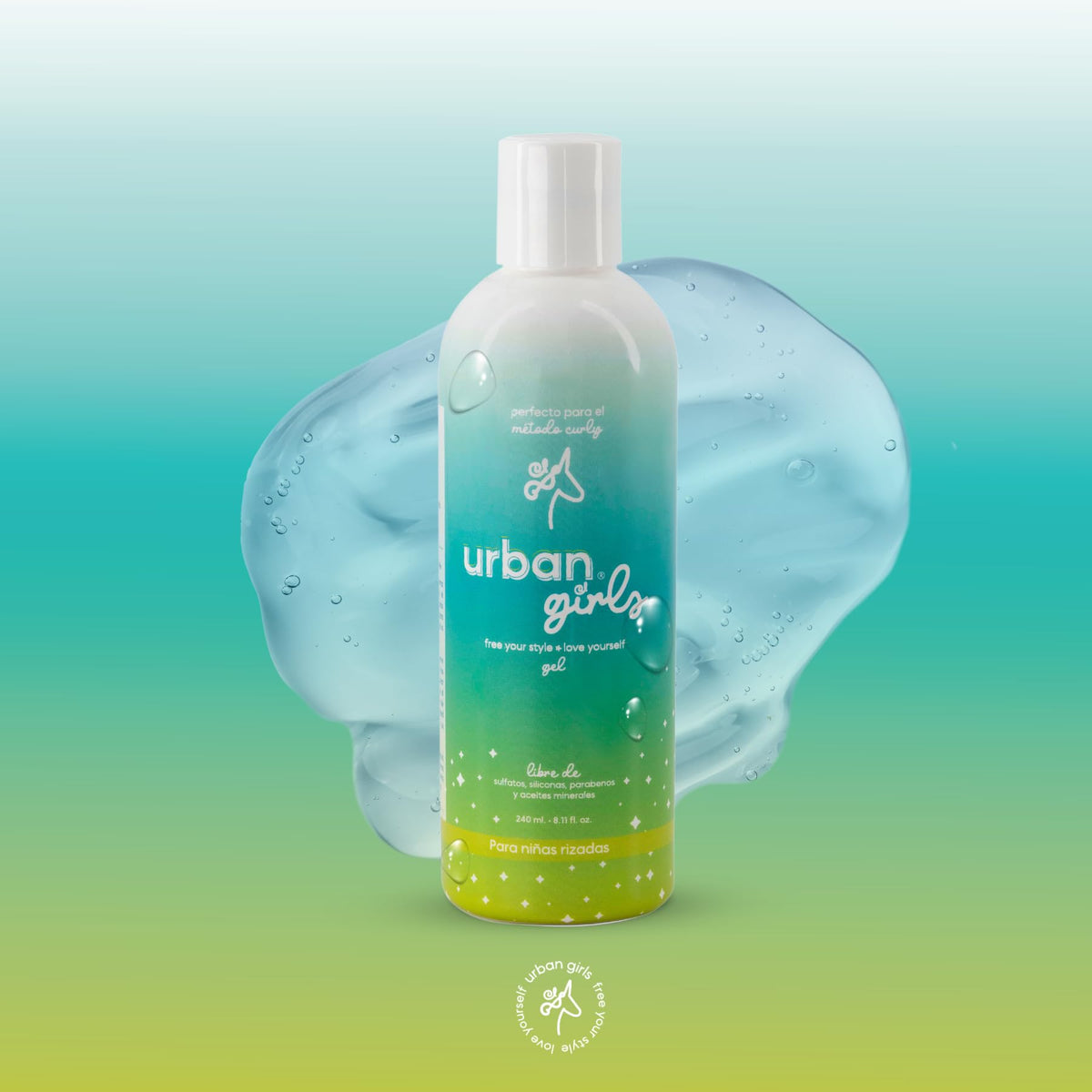 URBAN GIRLS Gel para Cabello Rizado de Niñas 240 ml – Con Aceite de Coco e Ingredientes Naturales – Sin Sulfatos, Parabenos ni Siliconas – Define Rizos Suaves, Controla el Frizz y Cuida el Cabello Infantil