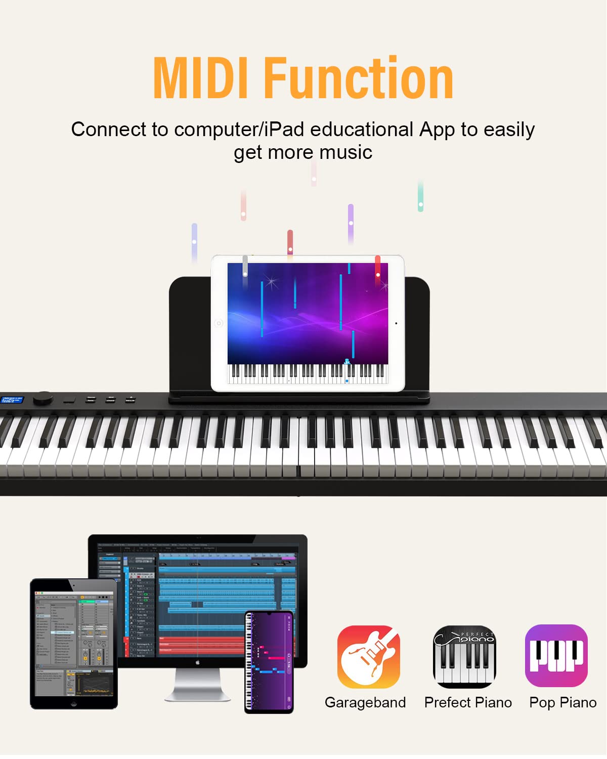 KONIX Teclado de piano plegable, 88 teclas de tamaño completo, teclado de piano plegable semipesado, teclado electrónico portátil Bluetooth con soporte de partitura, pedal sostenible y bolsa de piano,