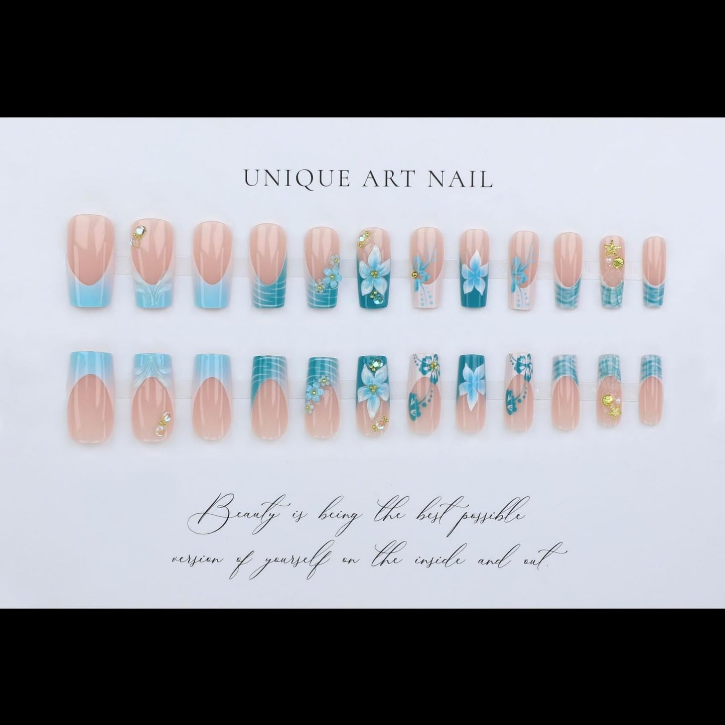 octoswave OCTOSWAVE Uñas postizas cuadradas francesas de larga duración con diseño floral 3D y dije dorado para mujer, 24 unidades