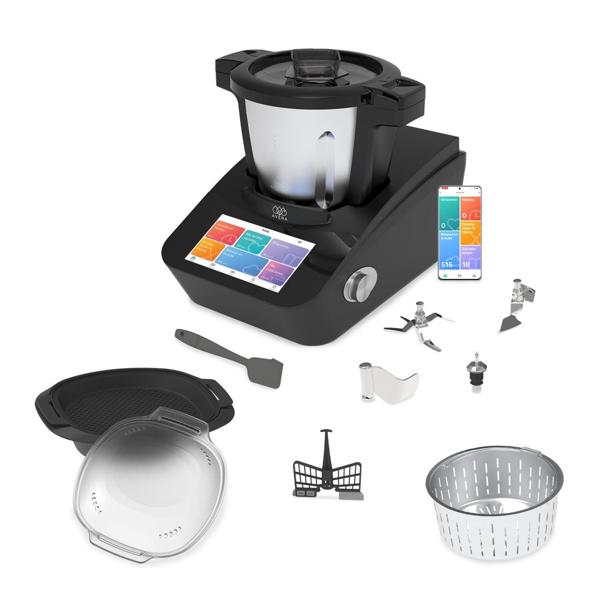Avera Chef | Robot de Cocina Inteligente WiFi con Báscula y Recetario Digital (+1000 Recetas) | 30 Funciones: Guisar, Batir, Amasar | Pantalla Táctil, Vaporera | Capacidad 4.7 L | RC01