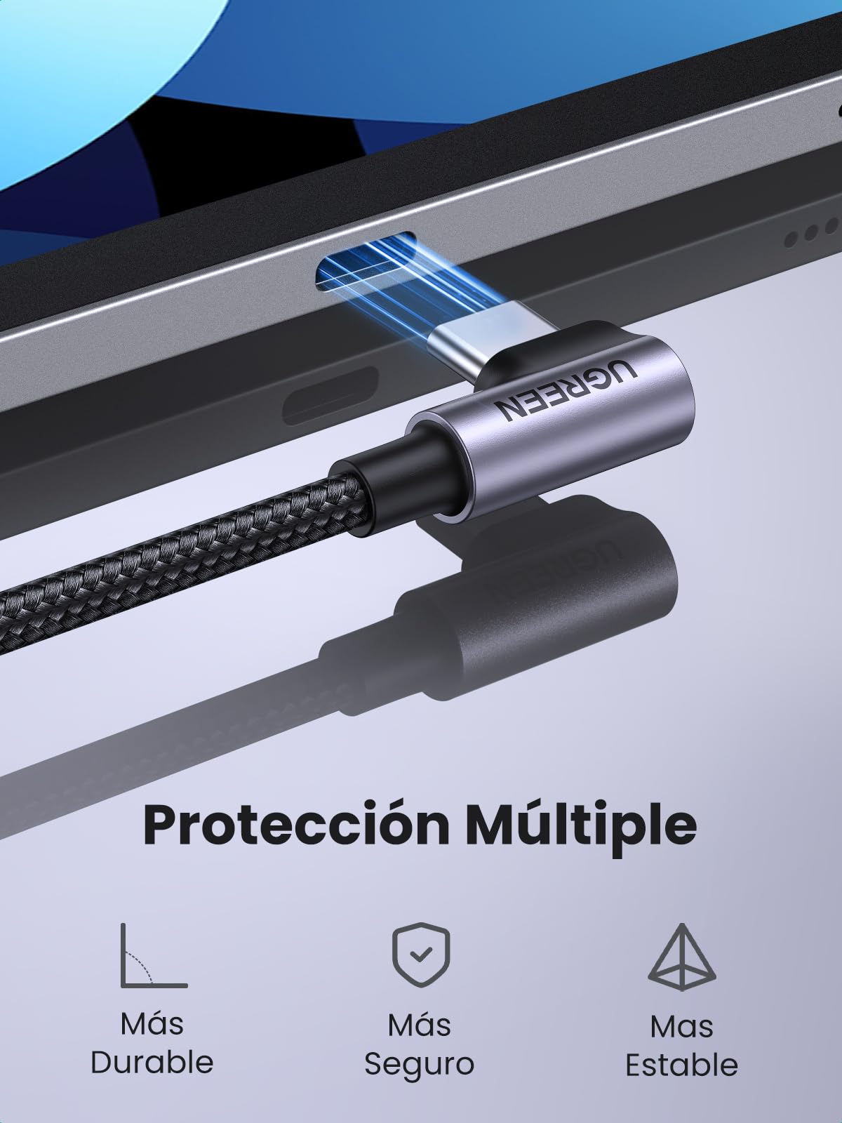 Cable USB C a C UGREEN Negro 90 Grados Carga Rápida 60W PD 1M Compatible con iPhone, Galaxy y Macbook Pro