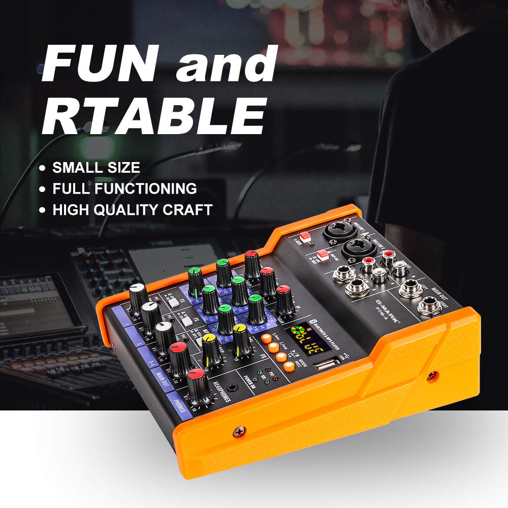 G-MARK Mezcladora de Audio de 4 Canales DJ Mezclador de Audio Digital Interfaz Bluetooth USB Karaoke Consola De Sonido para PC KTV Escenario Grabación, Placa de Sonido Portátil Consola de Mezcla