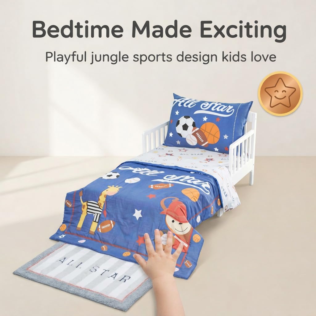 EVERYDAY KIDS - Juego de ropa de cama de 4 piezas para niños pequeños – Jungle Sports – Suave percal 100% algodón, incluye edredón, sábana encimera, sábana bajera ajustable y funda de almohada