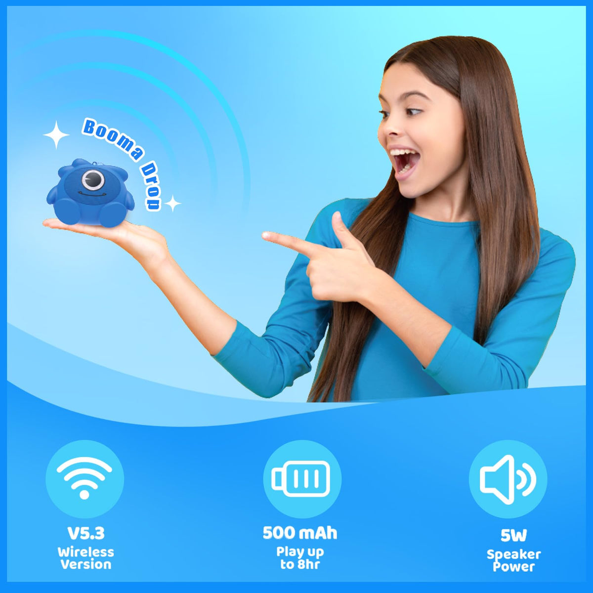 Altavoz Inalámbrico JellieMons Booma Drop Azul con Sonido Estéreo y Emparejamiento TWS para Niños