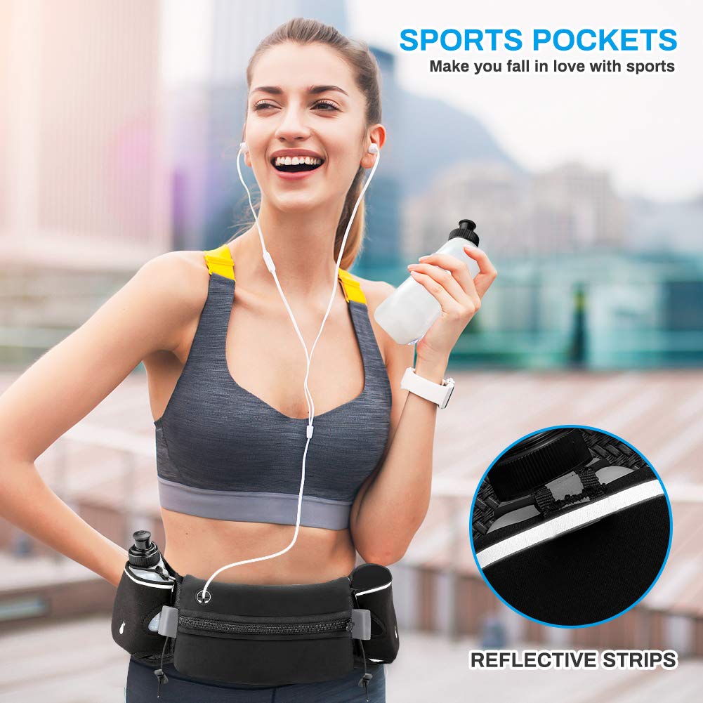 Luckit - Cinturón de hidratación para correr con 2 botellas de agua (2 x 300 ml), cintura reflectante para correr, bolsa de cintura deportiva ajustable para maratón, correr, senderismo, camping,