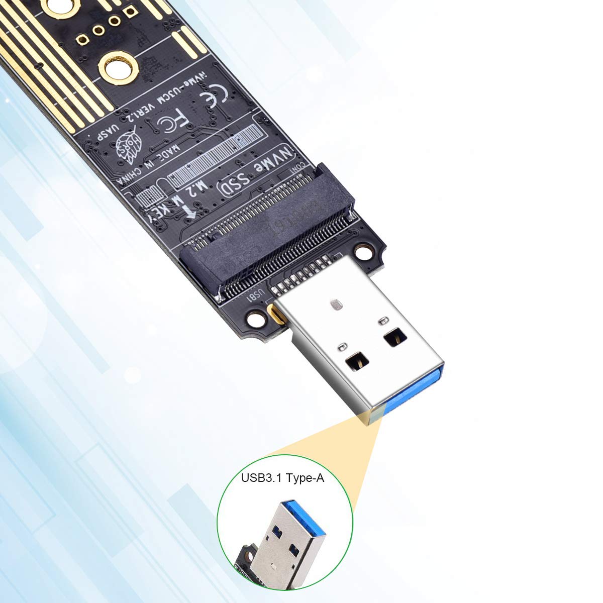 M.2 NVME Adaptador USB 3.1, M-Key M.2 NVME a lector de tarjetas USB 3.1 Gen 2 Chip de puente con 10 Gbps de alto rendimiento, compatible con Samsung 950/960/970 Evo/Pro u otros SSD M.2 con tipo PCI-E