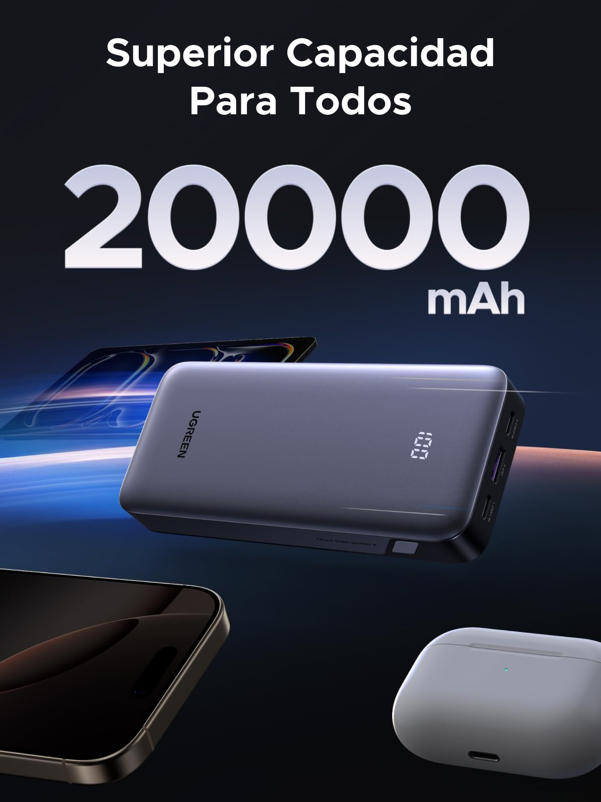 Batería Portátil UGREEN Nexode 20000mAh Negro con 3 Puertos 30W Compatible con Galaxy y iPhone
