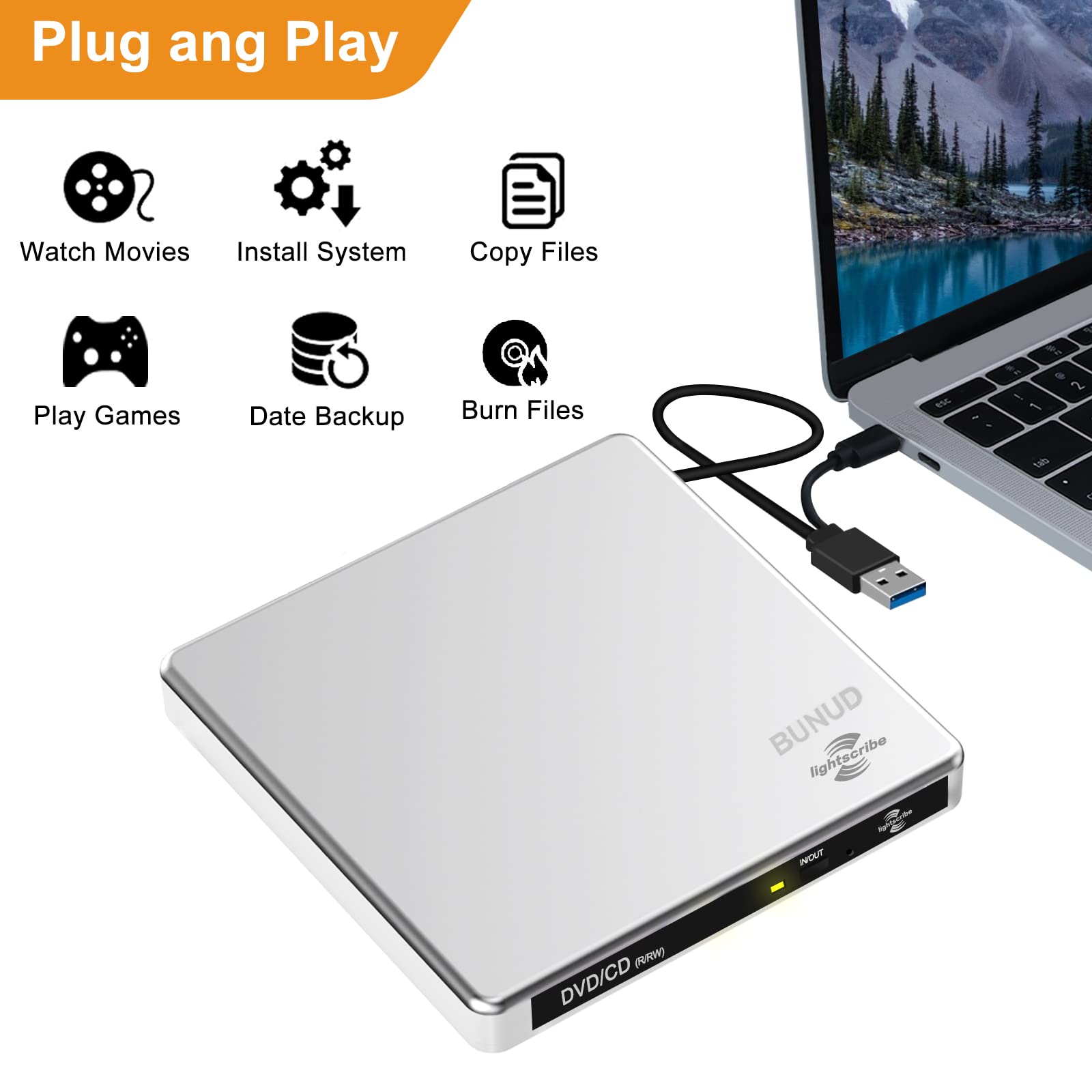 BUNUD LightScribe Unidad Externa de CD y DVD +/-RW, Grabador de CD/DVD +/-RW, Lector de Disco óptico portátil, Unidad de CD y DVD para computadora portátil, MacBook, Windows 11 10 Linux OS