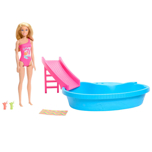 Barbie, Set de Juego Alberca Glam con Muñeca, para Niñas de 3 Años en Adelante, Mattel, Tarde de Verano Perfecta, Piscina para llenar con Agua de Verdad