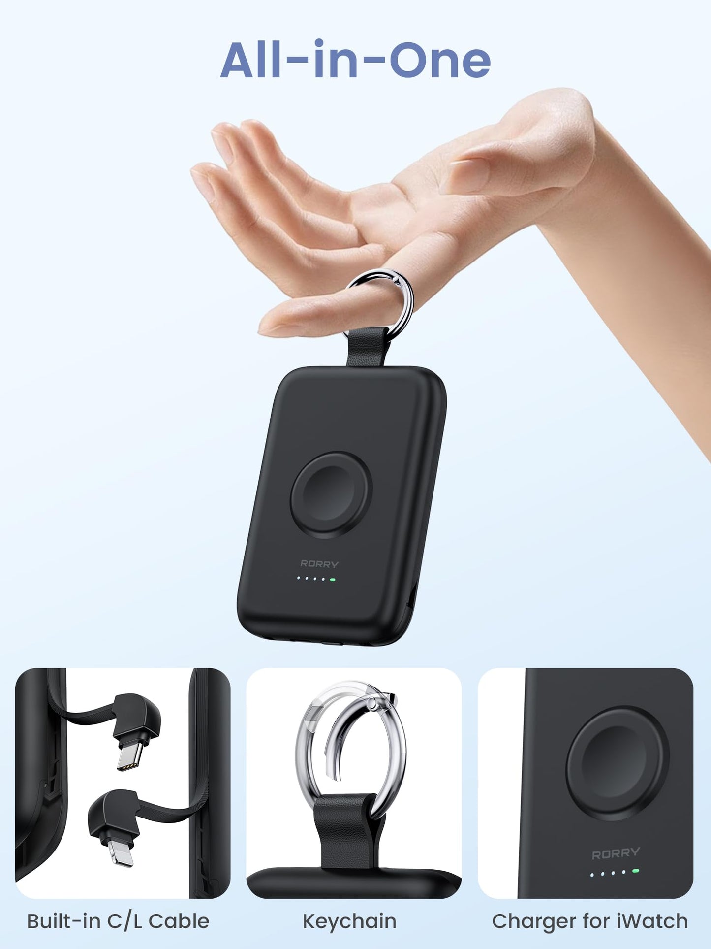 Power Bank RORRY Negro 10000 mAh con Cables Integrados para Celular y Apple Watch