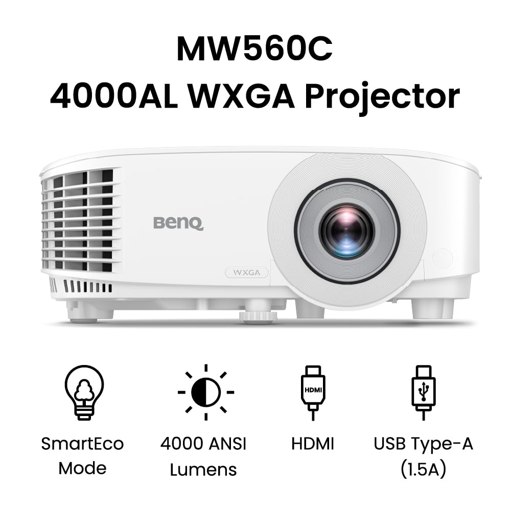 BenQ WXGA Proyector empresarial (MW560C) - DLP - 4.000 lúmenes de alto brillo - 20.000:1 alta relación de contraste - HDMI, VGA - Corrección automática de piedra clave - Configuración simple