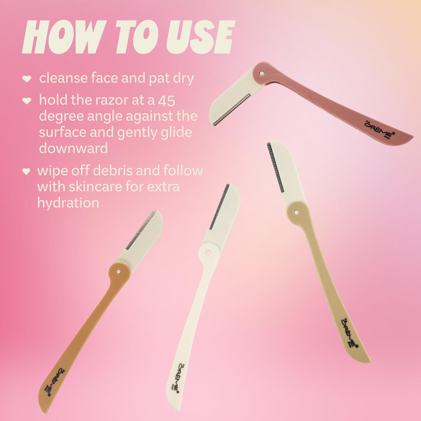 The Crème Shop Maquinillas de afeitar retráctiles multiusos para mujer – Juego de 4 maquinillas para rostro y cejas, herramienta para dermoabrasión | Artículos de aseo esenciales de tamaño viaje (rosa