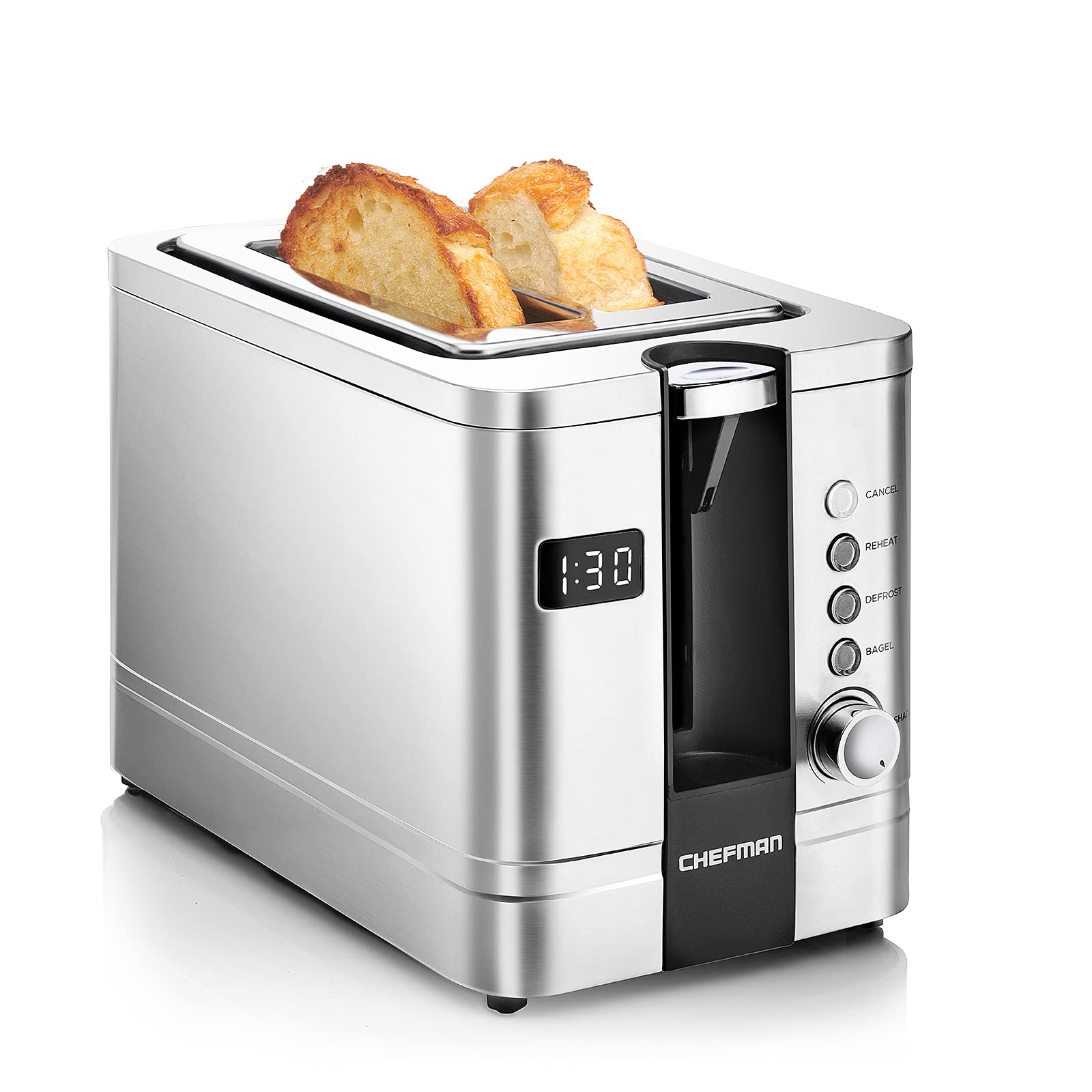 Chefman tostador digital de 2 rebanadas, pop-up, acero inoxidable, ranuras extra anchas para bagels, descongelar, recalentar, funciones de cancelación, bandeja extraíble para migas