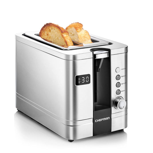 Chefman tostador digital de 2 rebanadas, pop-up, acero inoxidable, ranuras extra anchas para bagels, descongelar, recalentar, funciones de cancelación, bandeja extraíble para migas