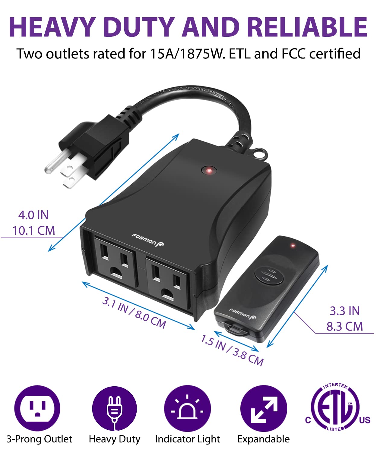 Fosmon - Mando a distancia inalámbrico con 2 tomas de corriente, rango de 80 m, resistente al agua, Paquete de 2, Negro