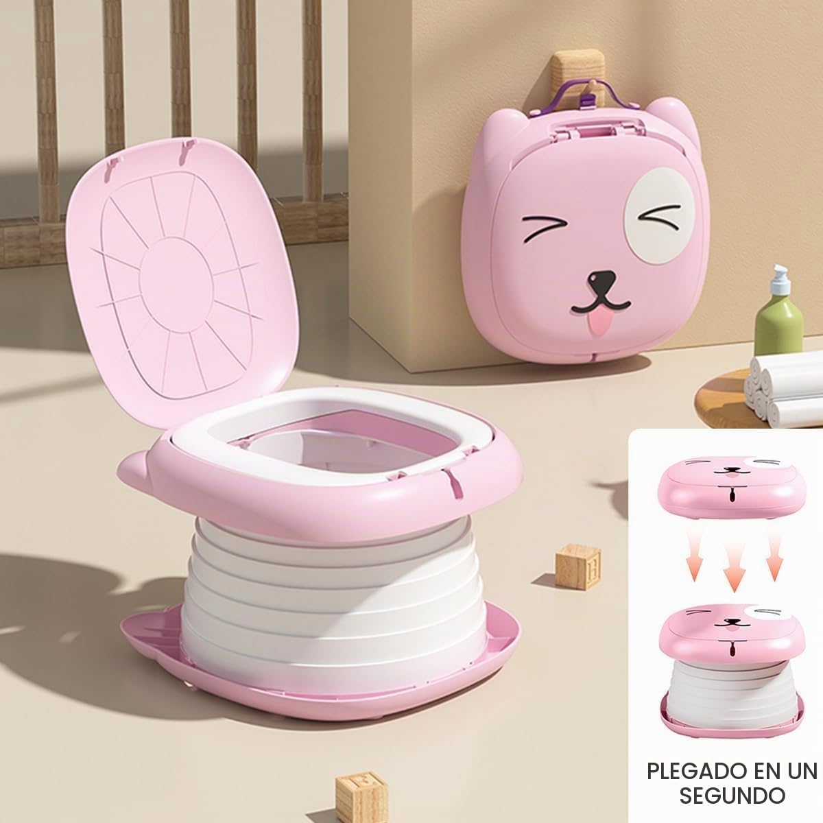 XOCOYOTZIN Orinal de Viaje Portátil para Niños,Asiento Entrenador Baño para Niños, portátiles y plegables con bolsa de basura y bolsa de almacenamiento para automóviles,Camping, Interior y Exterior con Rollos Bolsa de Almacenamiento(Rosa)
