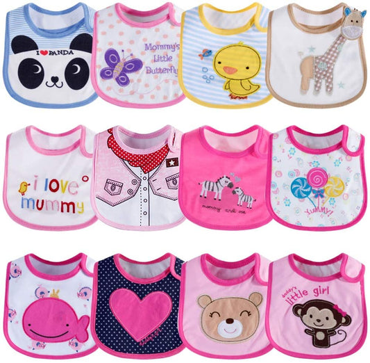 Lictin Baberos de Bebé-12pcs Baberos de Bebé para Niños Baberos de Bebé Impermeables con Diferentes Estampados Ajuste Unisexo para Bebé de 3-24 meses(Rosa)