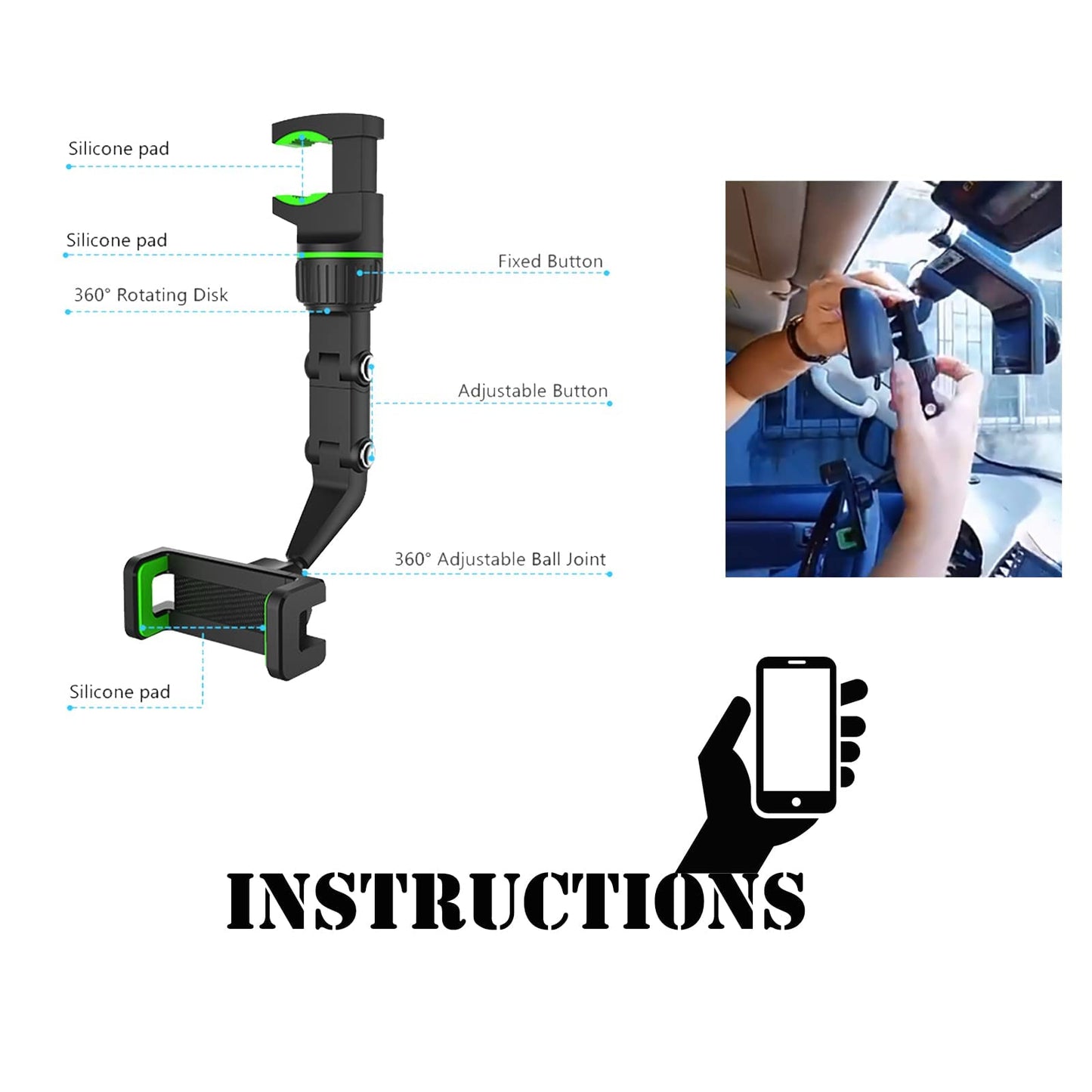 Soporte para Teléfono Celular para Coche Giratorio 360 Grados de 4 a 6.1 Pulgadas Clip de Montaje en Espejo Retrovisor