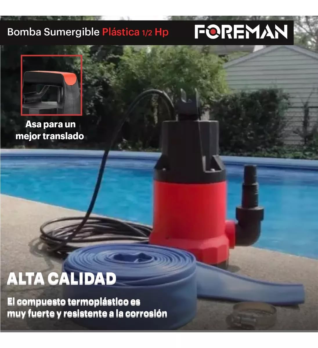 Foreman Bomba Sumergible Plástica | Bomba de Agua Limpia Silencioso Para Fuentes, Pecera, Acuario, Jardín y Estanque | 1/2Hp 400w 120v | 120 Litros Per Minute | Negro/Rojo