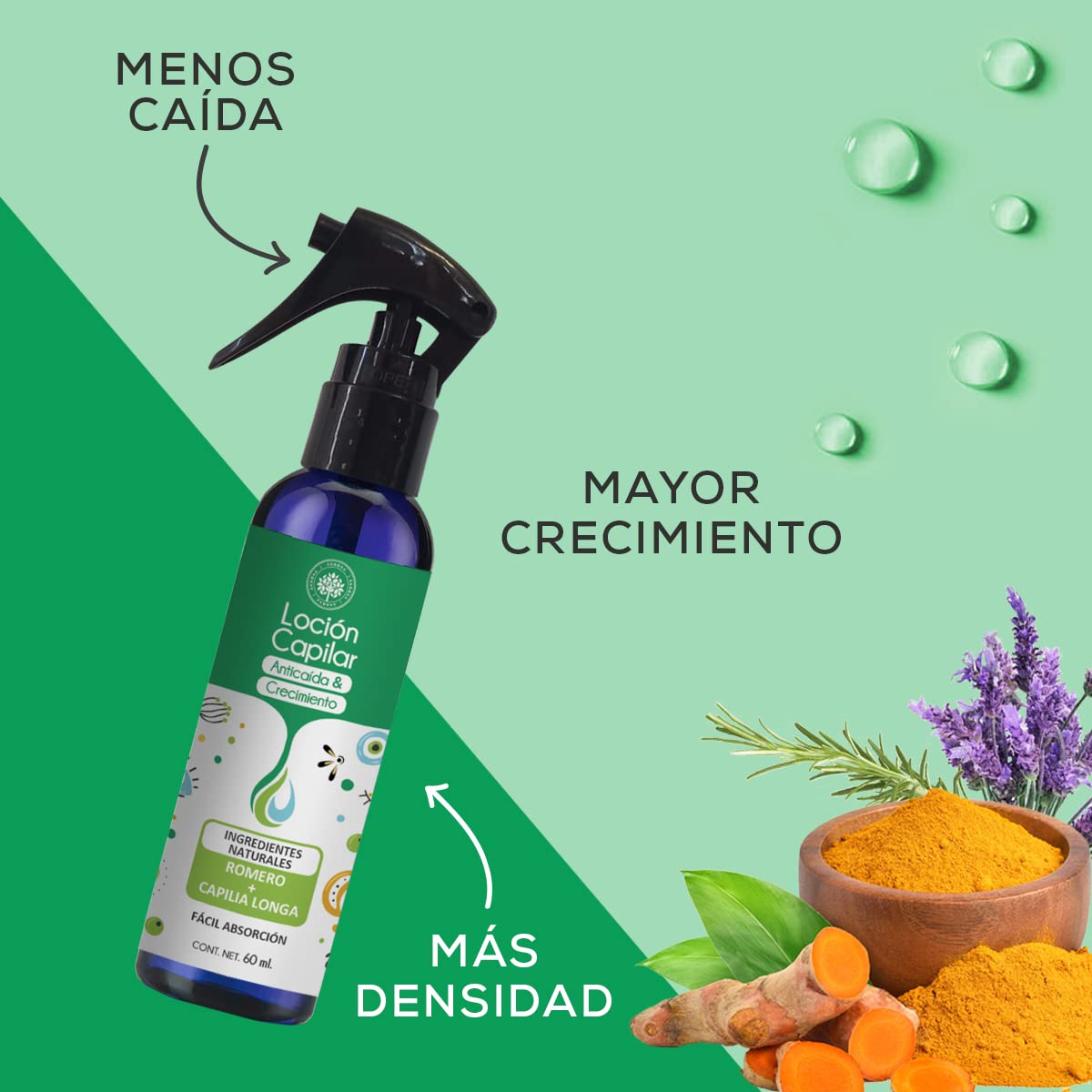 Loción Capilar Antícaída, Estimula el Crecimiento & Promueve la salud Capilar. Tónico con Aceites Esenciales de Romero, Lavanda y Tea Tree. 60 ml. Árbora…