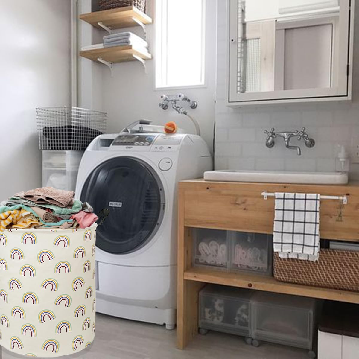 ACMUUNI Cesta redonda de 19.7 pulgadas con patrón de arco iris para ropa de lavandería con asas, organizador de almacenamiento, cesta de regalo para habitación, decoración de recámara