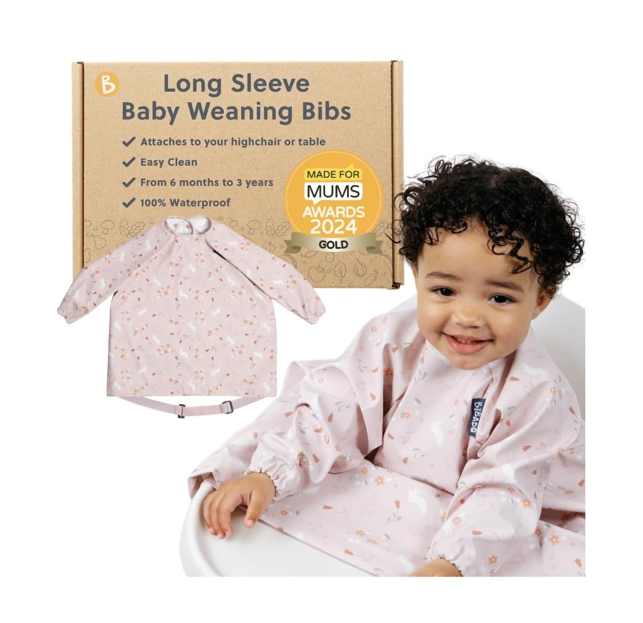 Bibado Baberos para bebé con mangas – Babero de destete LED para niños pequeños y bebés, 6-36 meses, se fija a sillas altas, cochecitos, mesas, Conejitos botánicos, One Size
