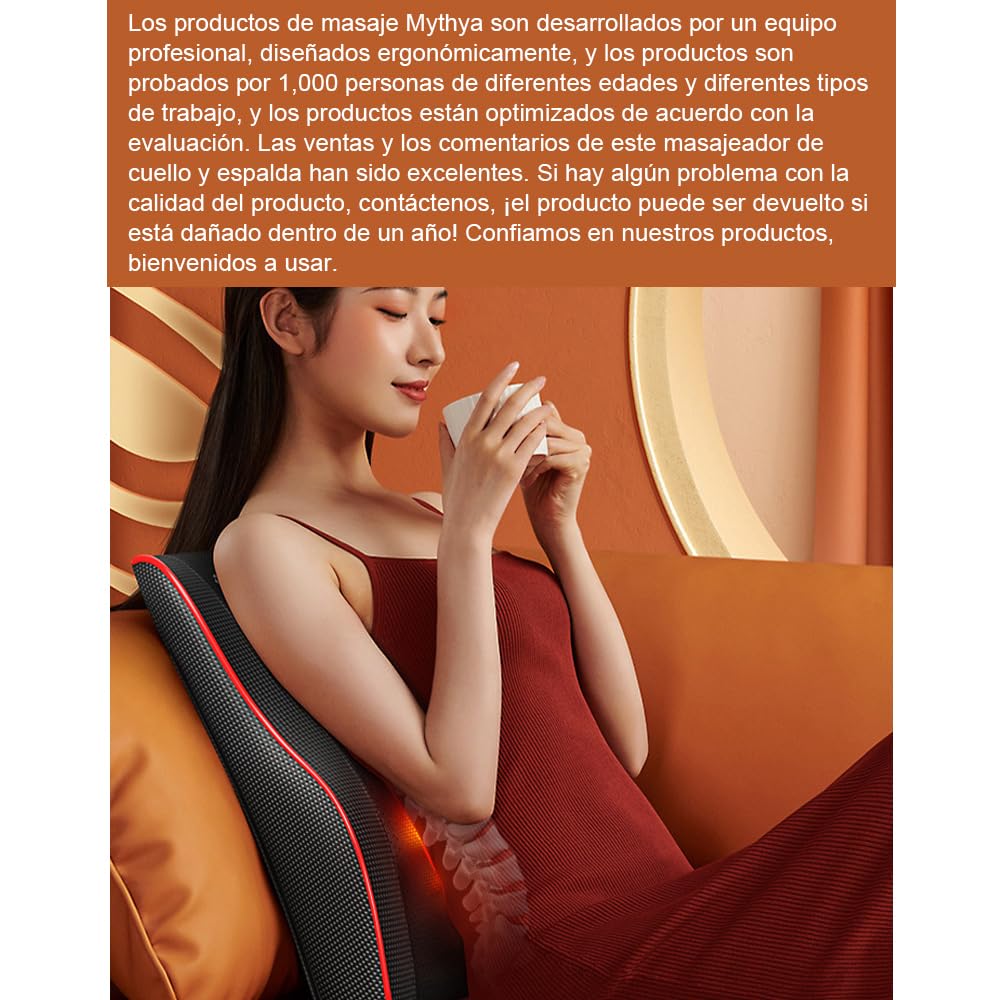 Mythya Cojines de Masaje Eléctricos, Masajeador de Espalda para Dolor de Espalda, Shiatsu Masajeador de Espalda Baja con Calor, Almohada de Masaje de Amasamiento 3D para Espalda, Cuello, Hombros